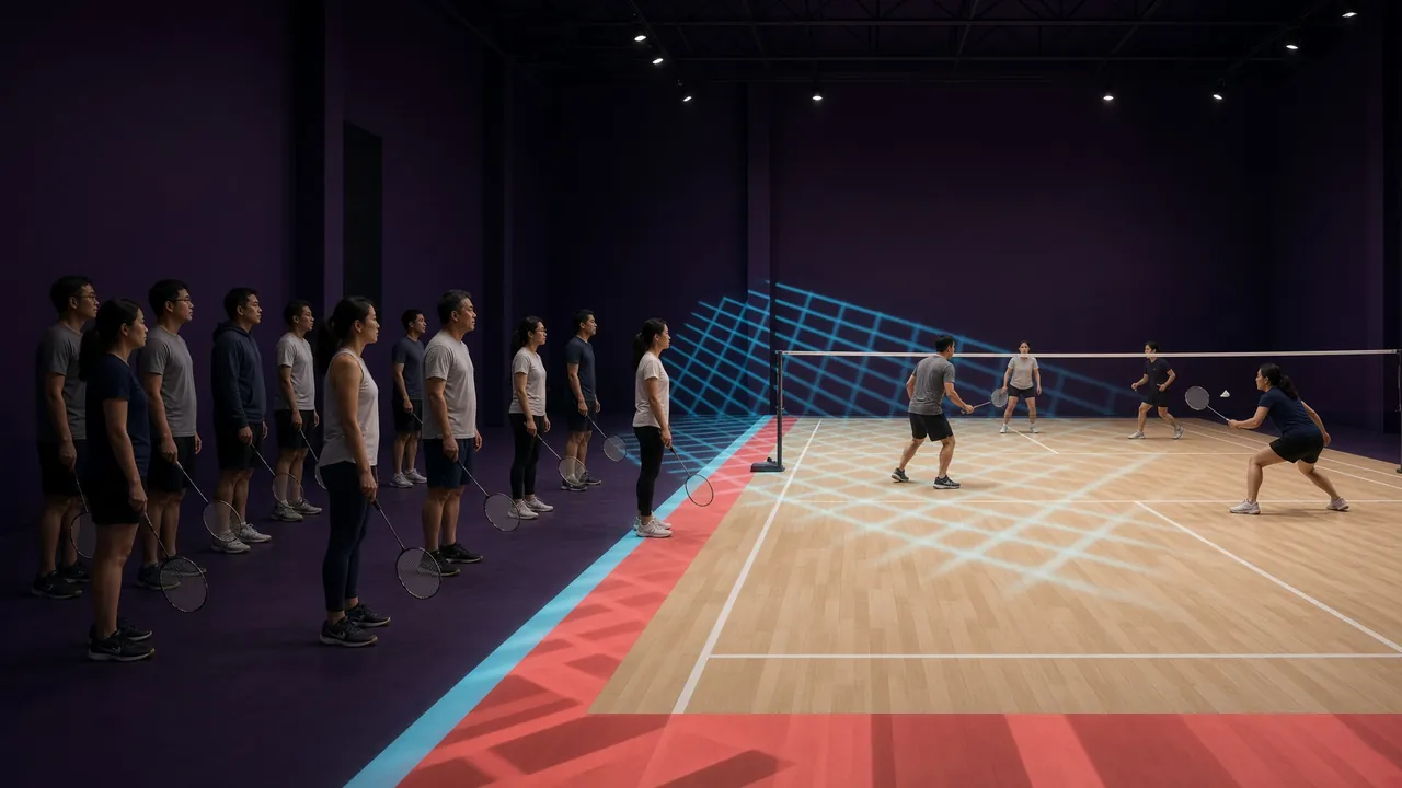 Diverse adult group discussing badminton prompts in an open visible space