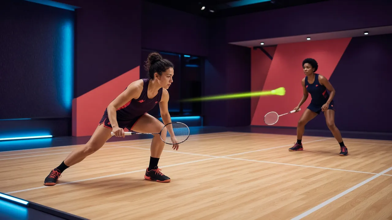 Badminton rackets, shuttles and water placed in a tidy equipment layout