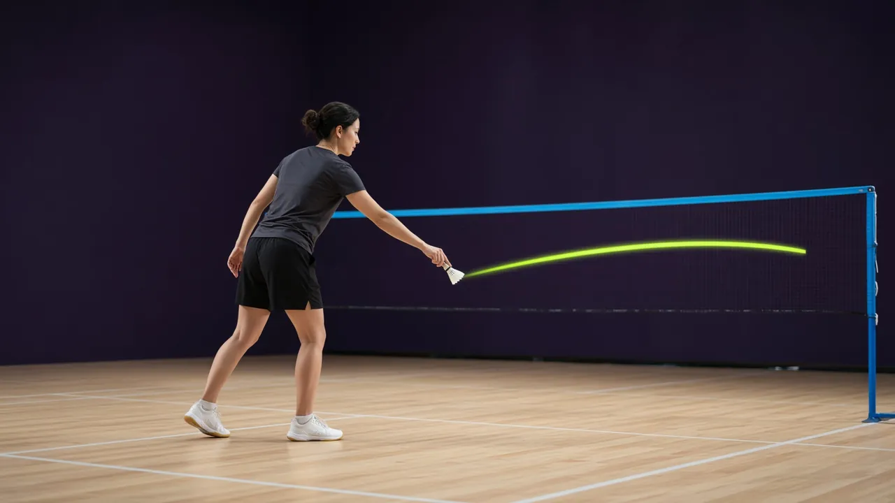 Four adults playing doubles badminton in coordinated court positions