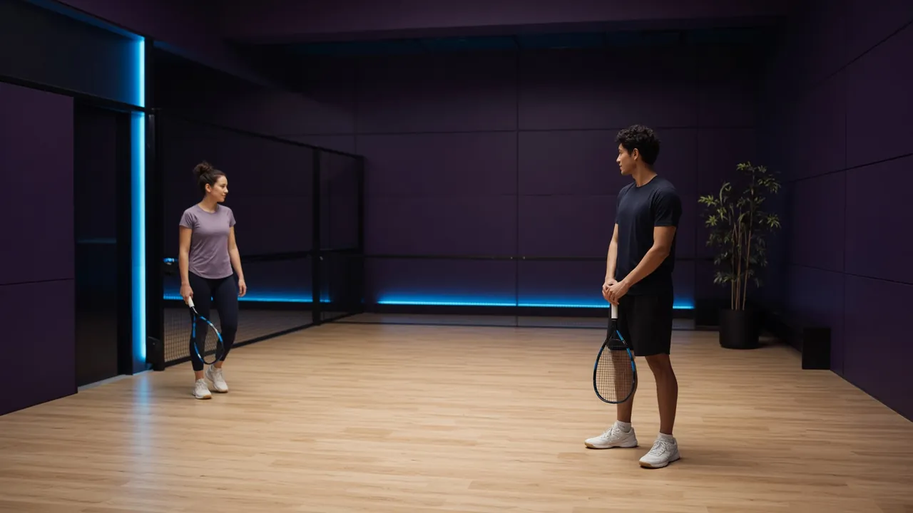 Adult badminton host demonstrating one instruction to a small group